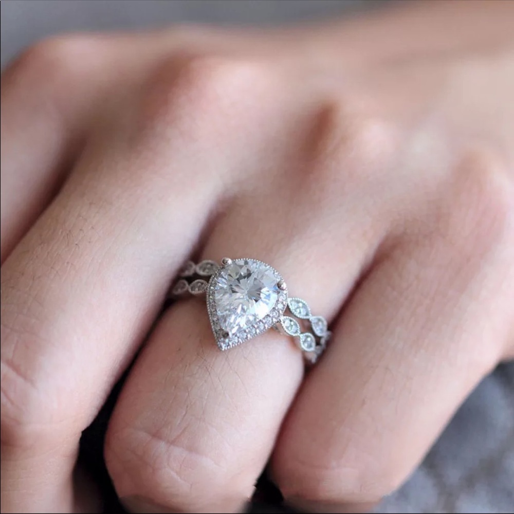 Sterling Silver Pear Shaped Engagement Style Set - Picture 2 of 4